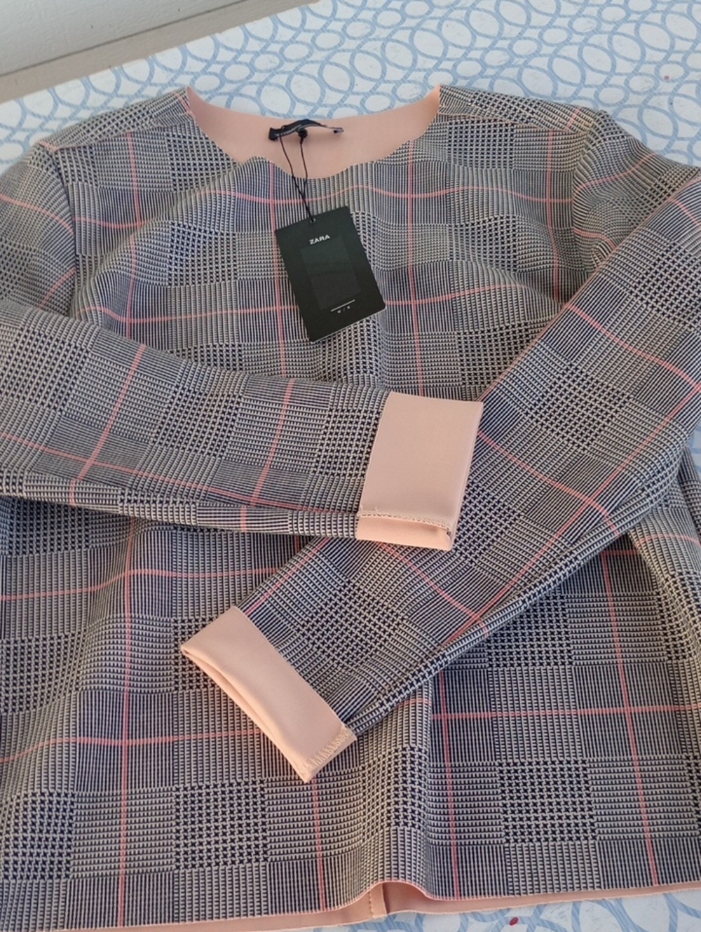 Zara Gray Glen Plaid Top with Blush Trim Super Soft
